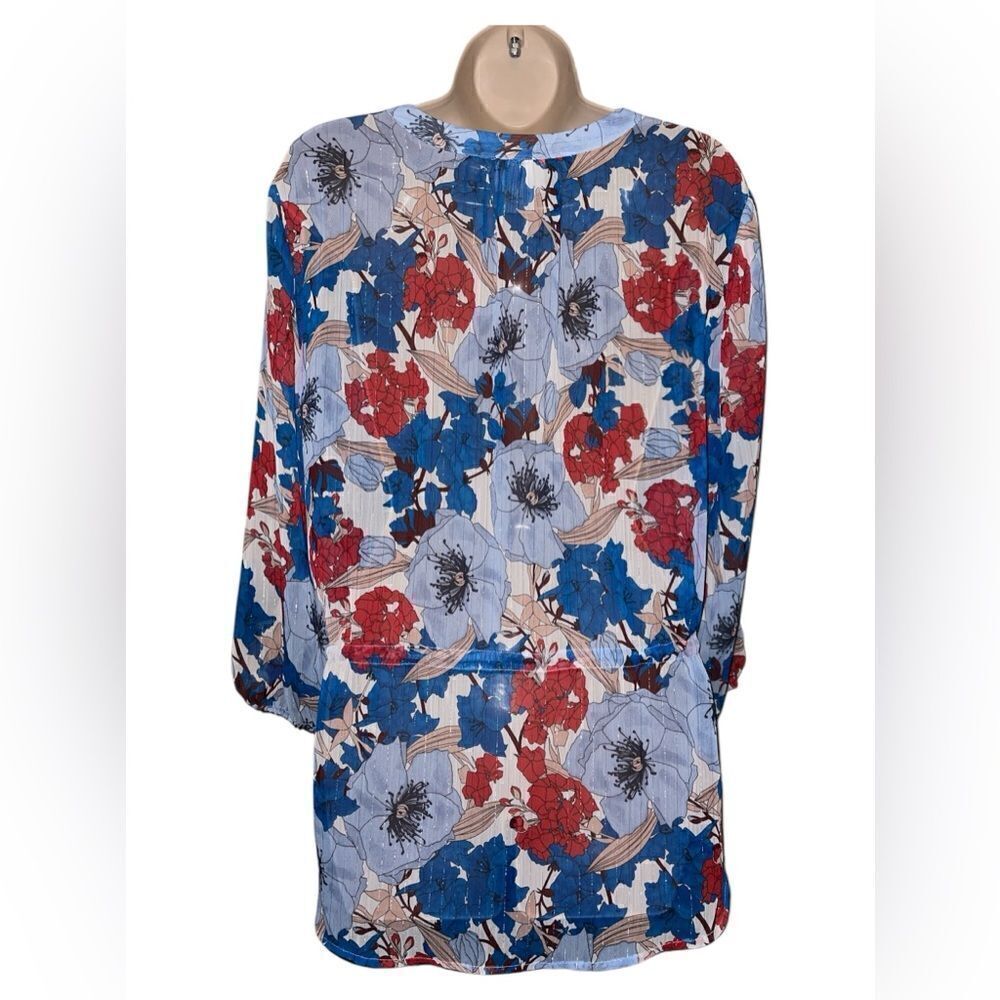 Liz Claiborne Boho Blue Floral Print Top Blouse Size L Glitter String Tie Front - Picture 3 of 7